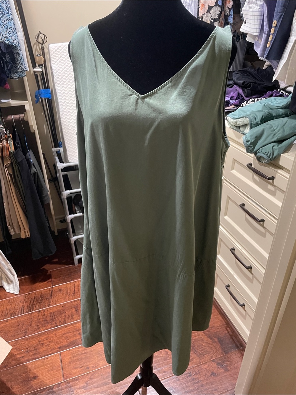 Eileen Fisher Simple V-Neck Sleeveless Asymeteic hem dress in olive  Green